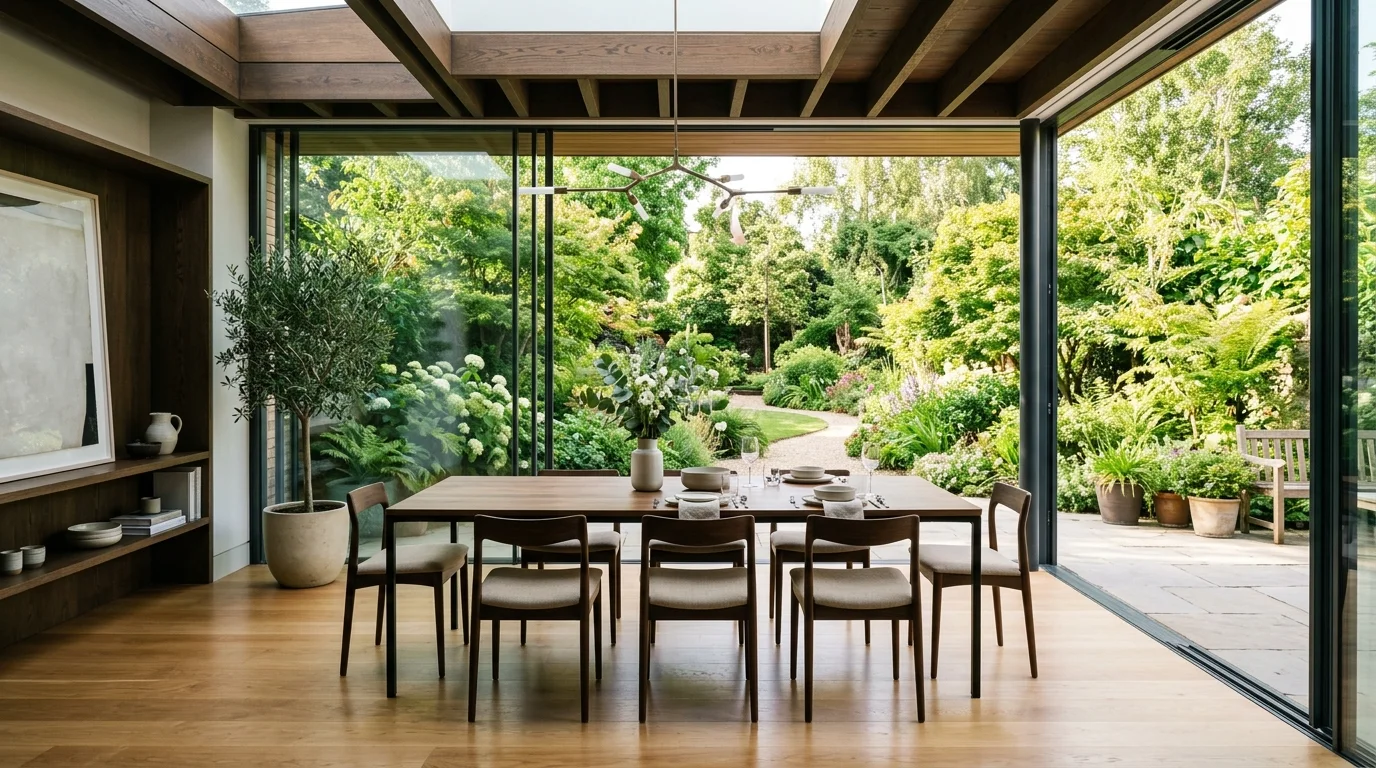 Glass-walled dining room overlooking garden with minimalist furniture and bright natural light.