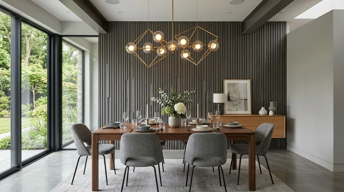 Elegant modern dining room with textured wall, designer light fixture, sleek table, and neutral palette.