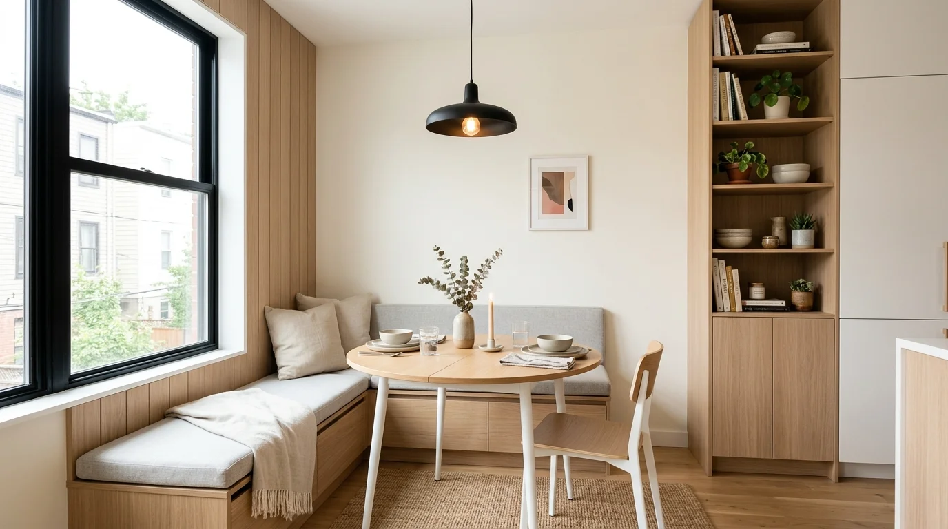 Compact modern dining room with small table, built-in bench, vertical storage, and clean apartment styling.