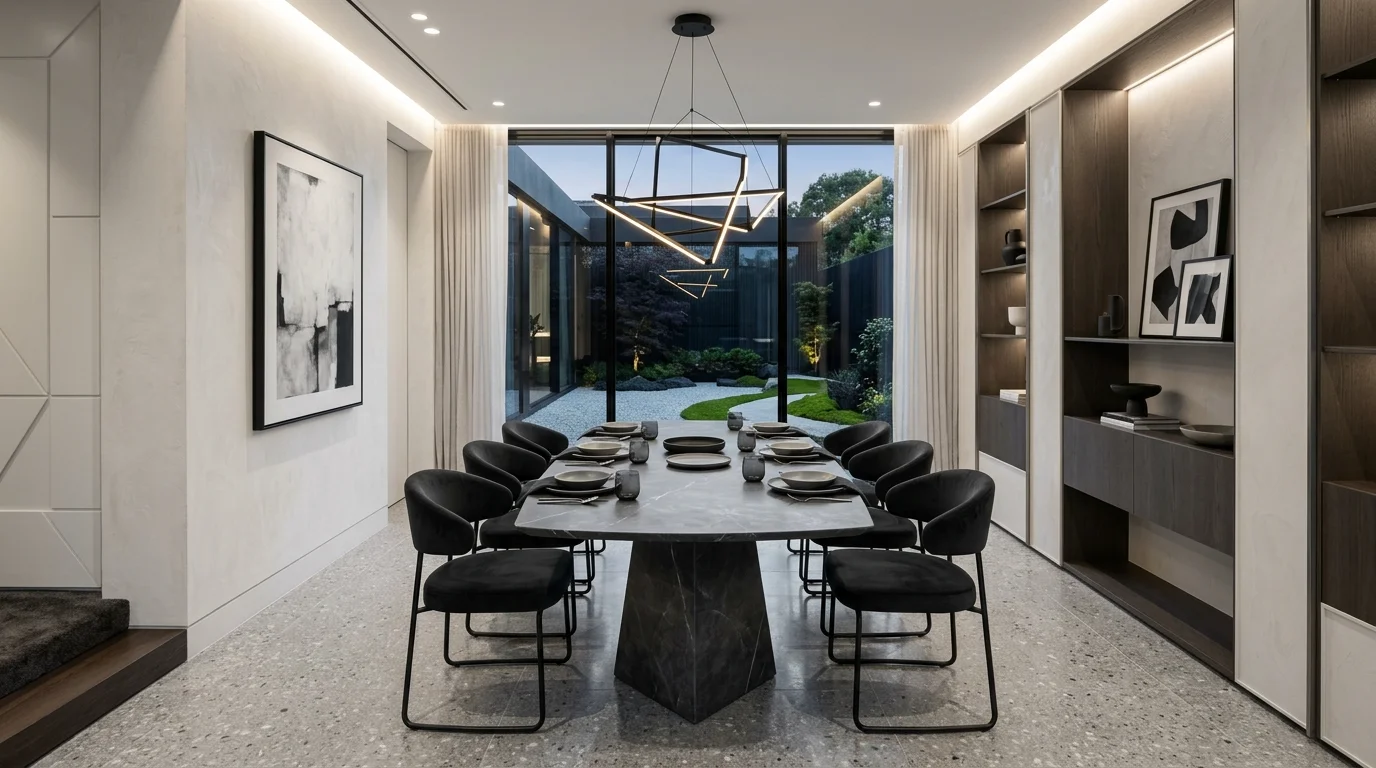 Luxury minimalist dining room with monochrome palette, hidden lighting, sculptural furniture, and refined detailing.