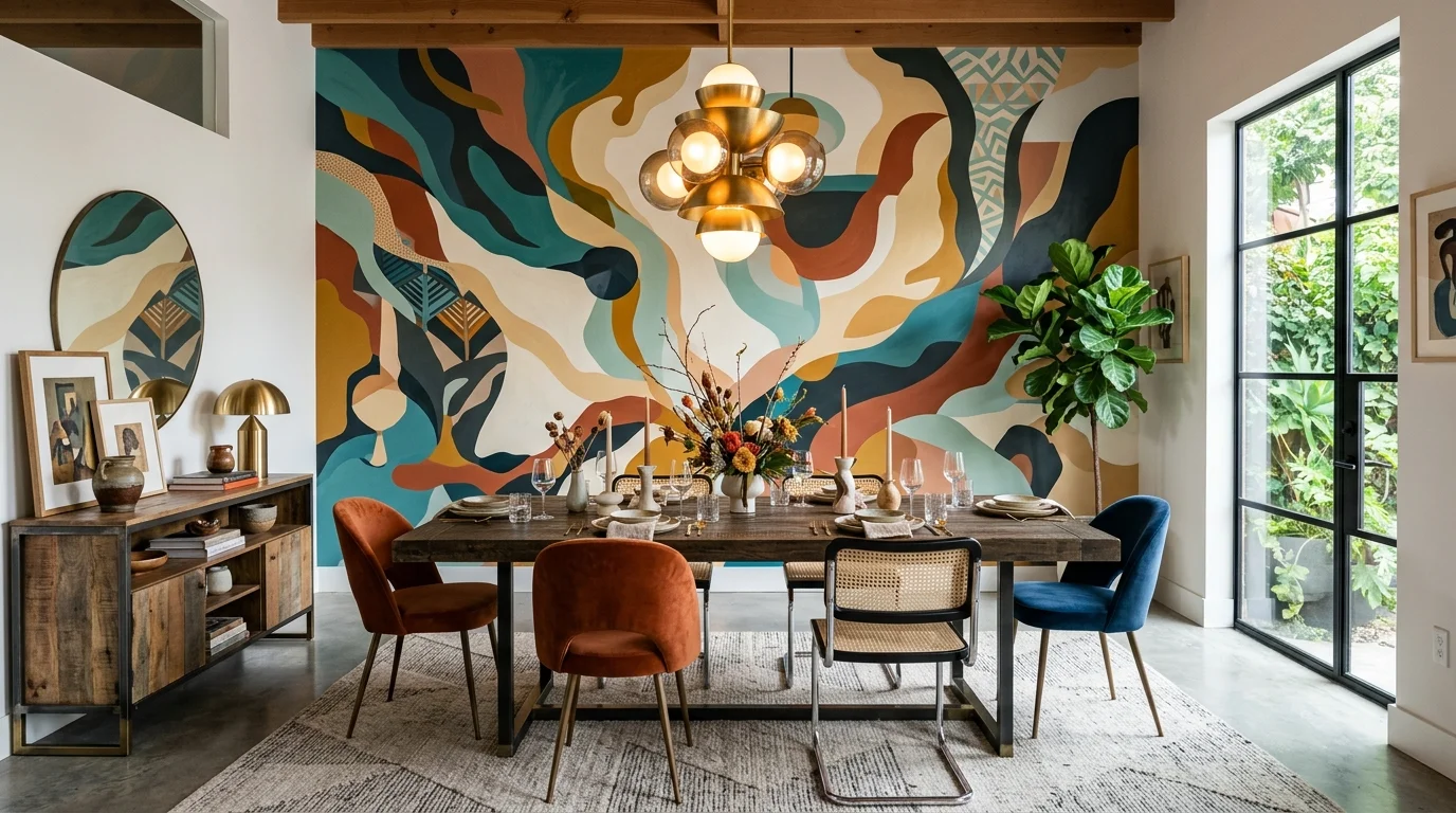 Modern artistic dining room with statement mural, mixed-material furniture, and bold lighting.