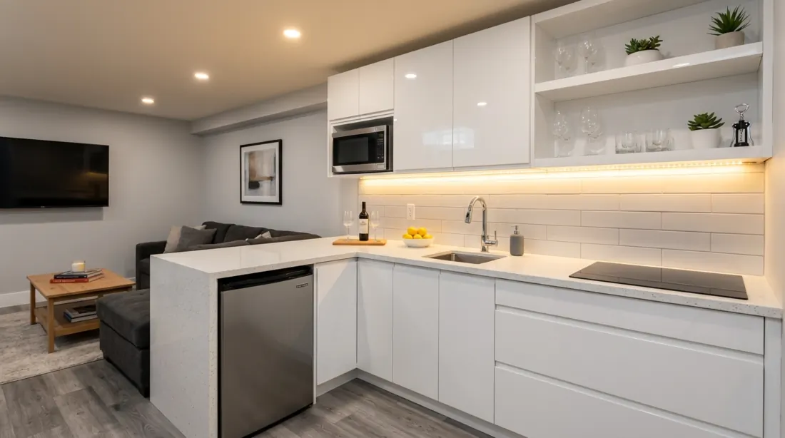 Modern basement kitchenette with white cabinets, quartz counter, mini fridge, microwave, and warm LED lighting.