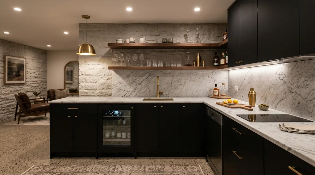 Stylish basement kitchenette with matte black cabinets, marble backsplash, floating shelves, brass fixtures, and soft ambient light.