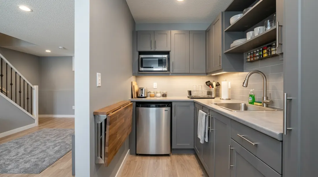 Compact basement kitchenette with galley layout, stainless appliances, foldable counter, gray tones, and bright task lighting.