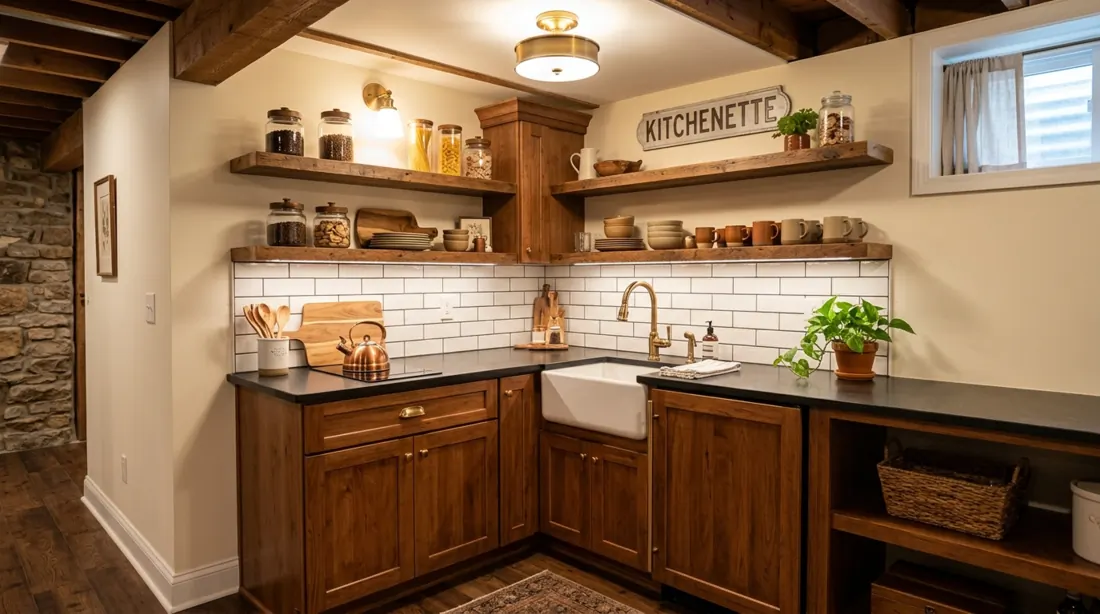 Cozy basement kitchenette with wood cabinets, subway tile, farmhouse sink, open shelves, and warm lighting.