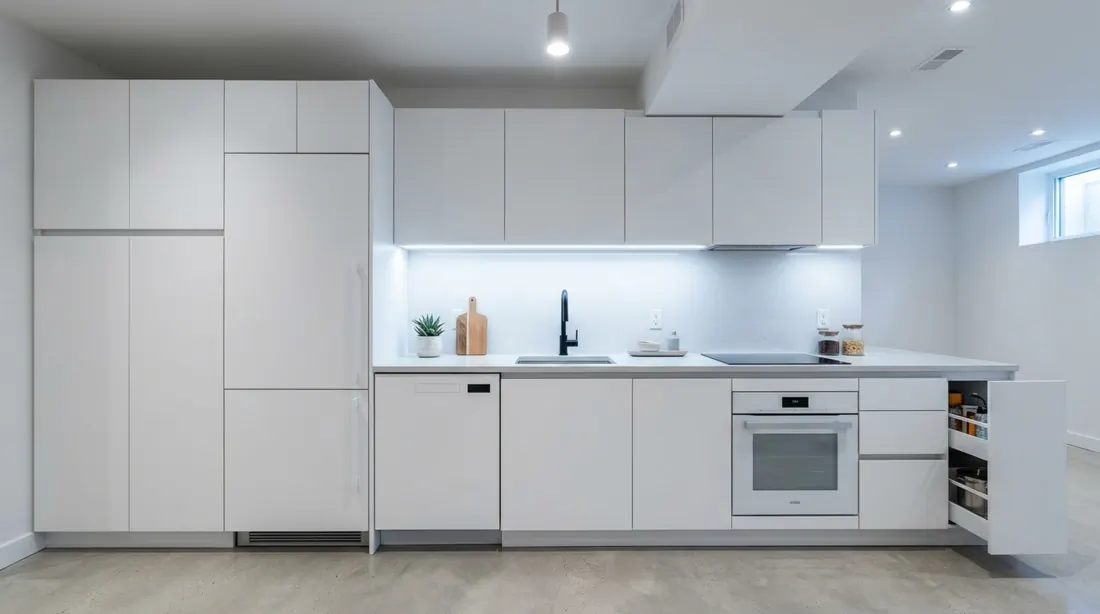 Minimalist basement kitchenette with white handleless cabinets, integrated appliances, seamless counter, and cool LED light.