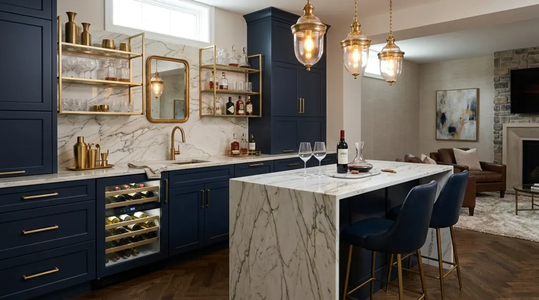 Luxury basement kitchenette with navy cabinets, gold accents, waterfall marble counter, wine fridge, and pendant lights.