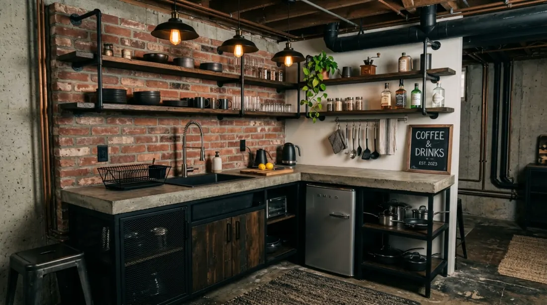 Industrial basement kitchenette with concrete counter, exposed brick, metal shelving, stainless fixtures, and Edison bulbs.