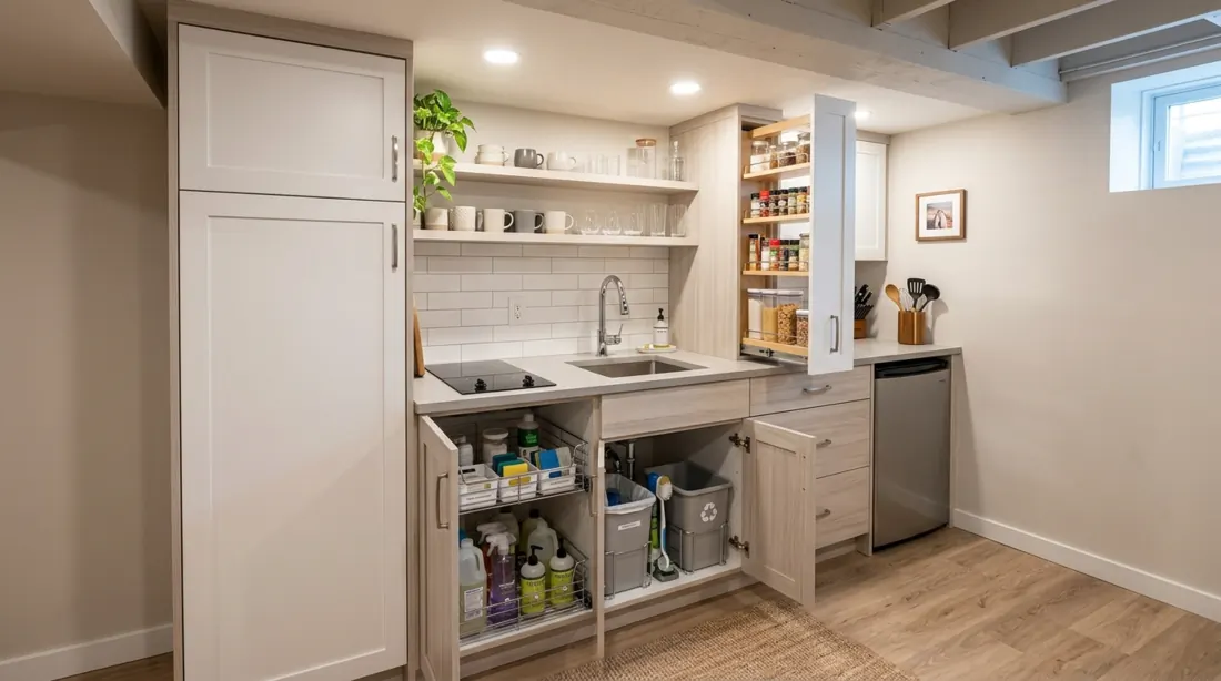 Small basement kitchenette with tall storage cabinets, induction cooktop, under-sink organization, and light neutral palette.