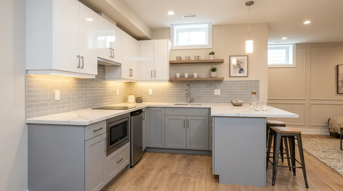 Contemporary basement kitchenette with white and gray cabinets, sleek backsplash, under-cabinet lighting, and compact bar seating.