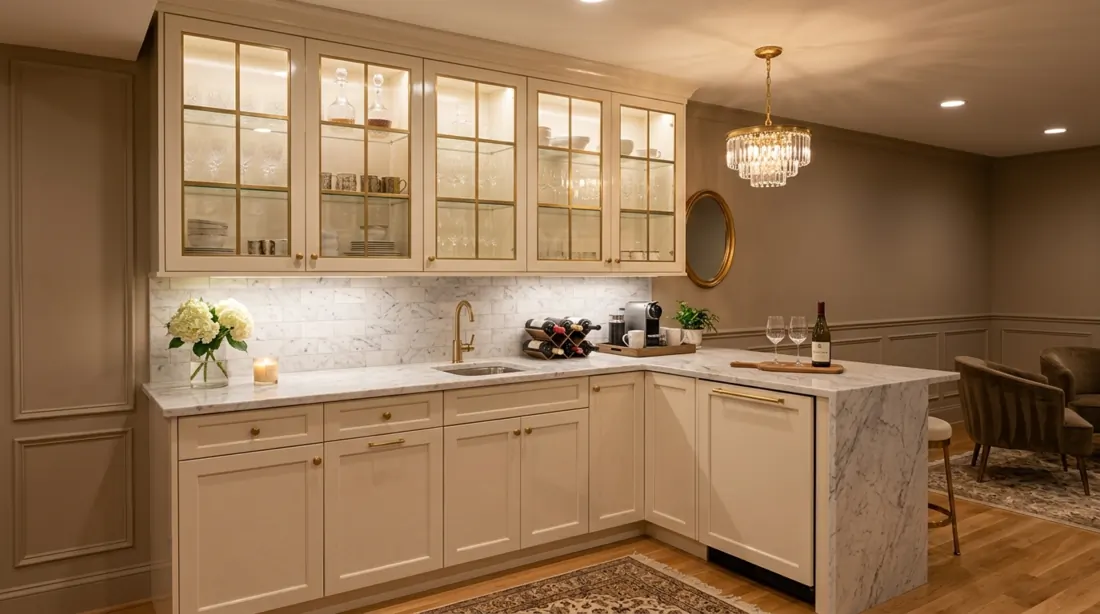 Elegant basement kitchenette with cream cabinets, glass-front uppers, marble counters, gold hardware, and chandelier light.