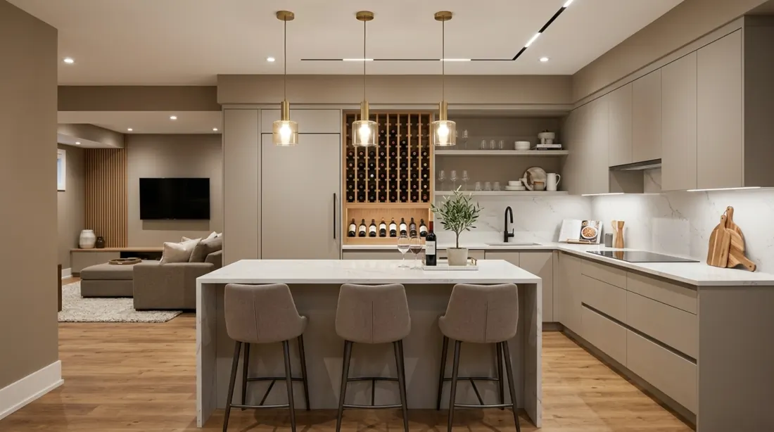 Modern basement kitchenette with island counter, bar stools, wine rack, seamless cabinets, and layered lighting.
