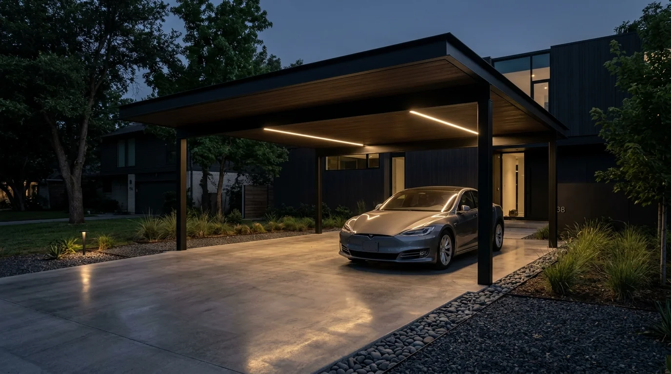 Modern minimalist carport with flat roof, black steel frame, and polished concrete driveway.