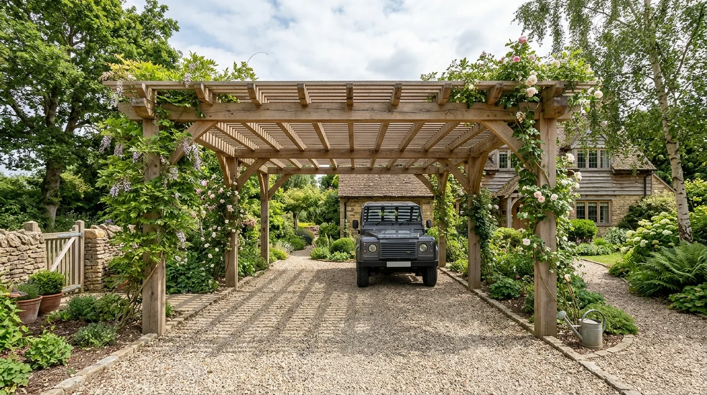 Wooden pergola-style carport with slatted timber roof, oak beams, gravel drive, and climbing plants.