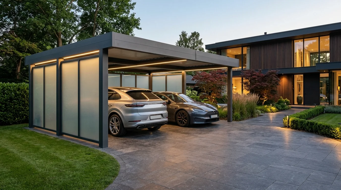 Luxury double carport with aluminum frame, frosted glass panels, motion lighting, and stone-paved drive.