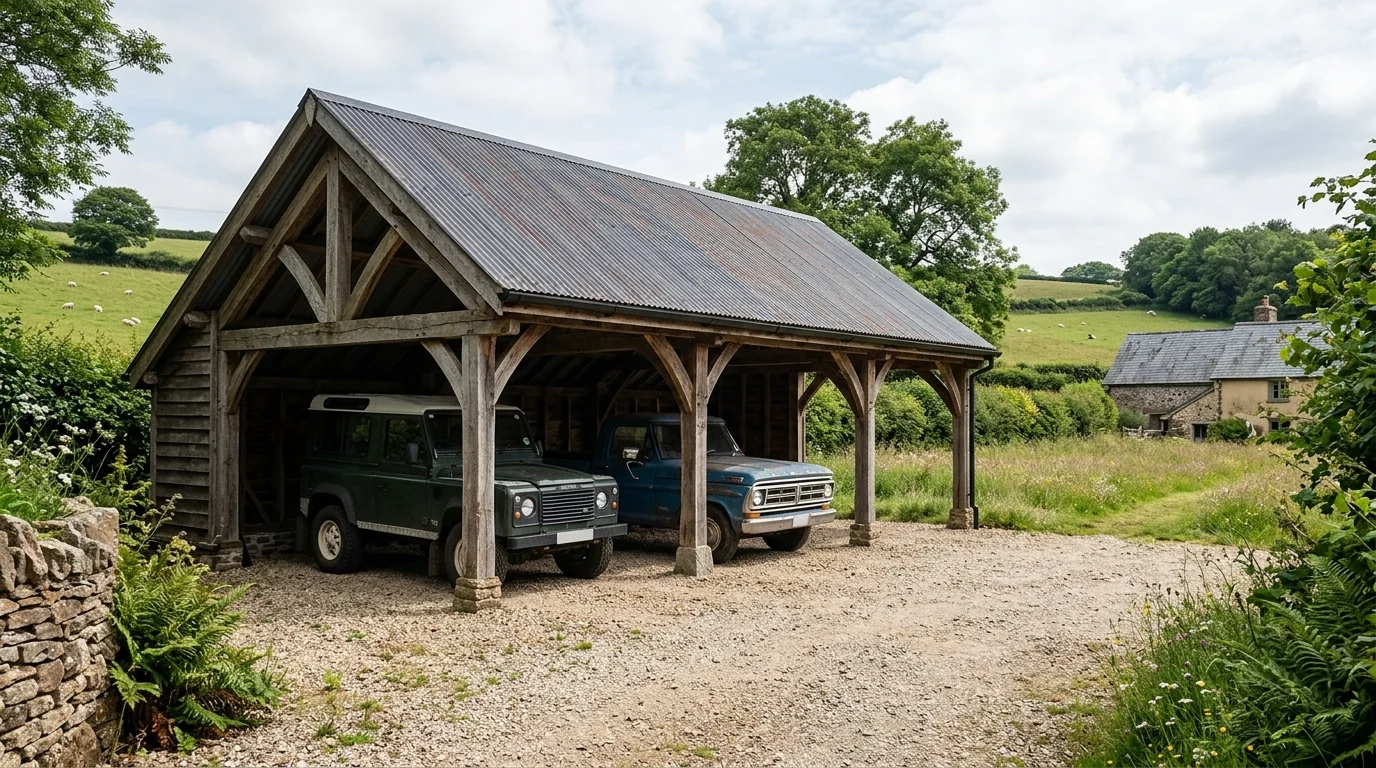 Rustic farmhouse carport with reclaimed wood, pitched roof, exposed beams, and gravel parking area.