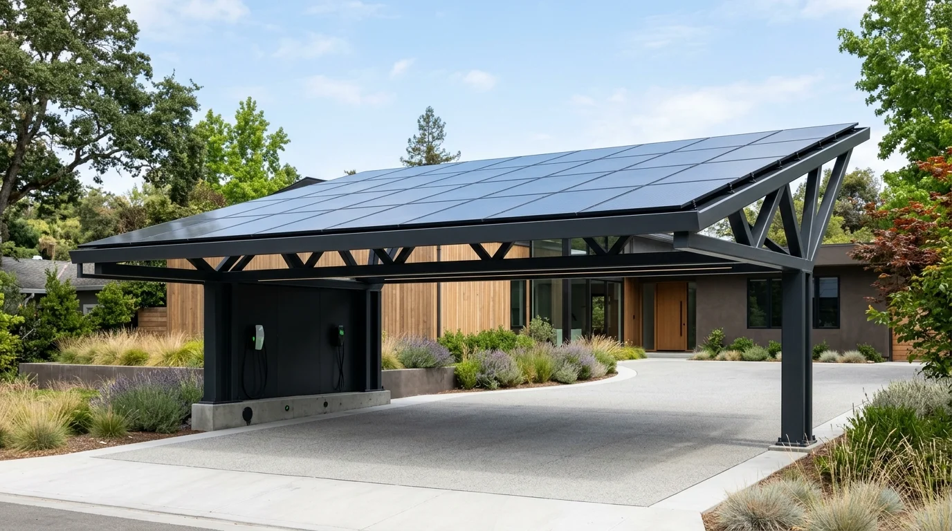 Solar panel carport with dark roof panels, steel frame, and eco-friendly modern driveway design.