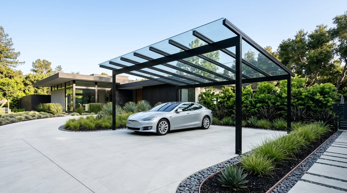 Contemporary glass-roof carport with transparent panels, black metal frame, and minimalist landscaping.