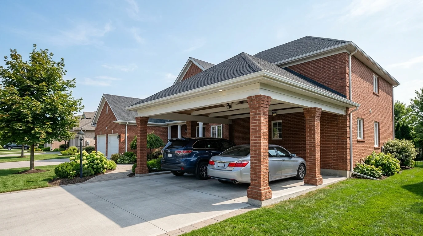Attached carport with matching house exterior, brick columns, and seamless architectural integration.