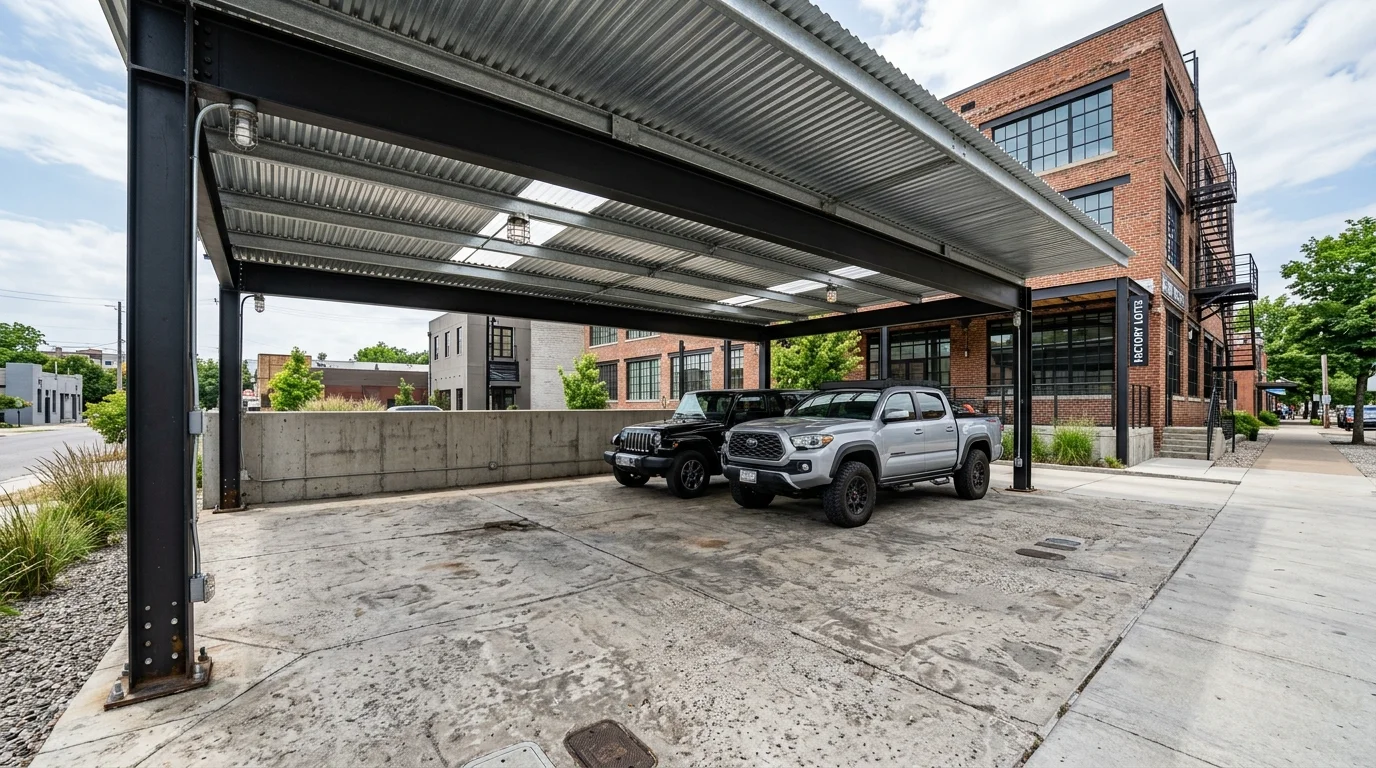 Industrial-style carport with exposed steel, corrugated metal roof, and rugged concrete flooring.