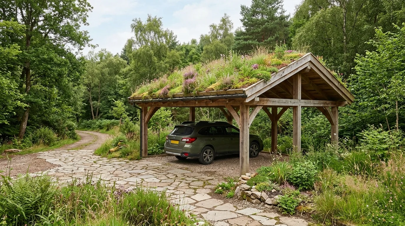 Eco-friendly carport with living roof, wood supports, and natural stone driveway blending into landscape.