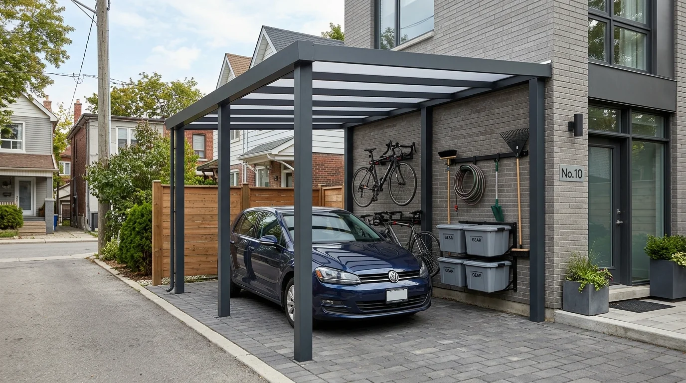 Compact urban carport with slim columns, wall storage, and clean lines for a small driveway.