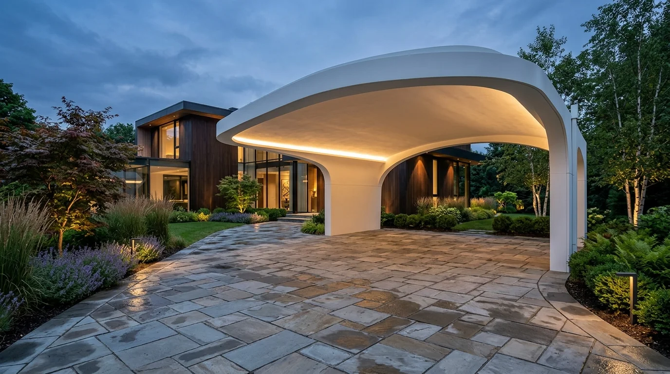Elegant modern carport with curved roof, white finish, ambient lighting, and stone-paved drive.
