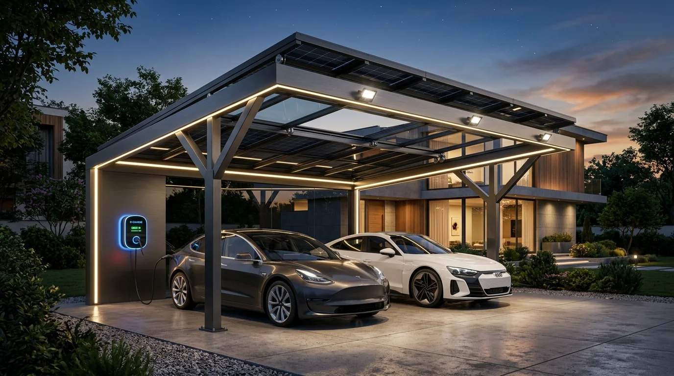 Smart carport with retractable roof, EV charging station, LED motion lights, and futuristic styling.
