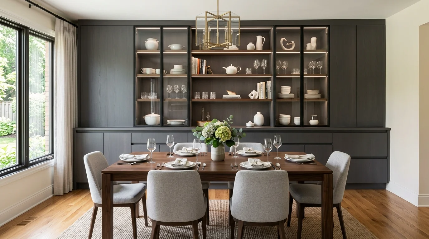 Dining room with custom built-in cabinets, glass doors, display shelving, and a polished storage wall.
