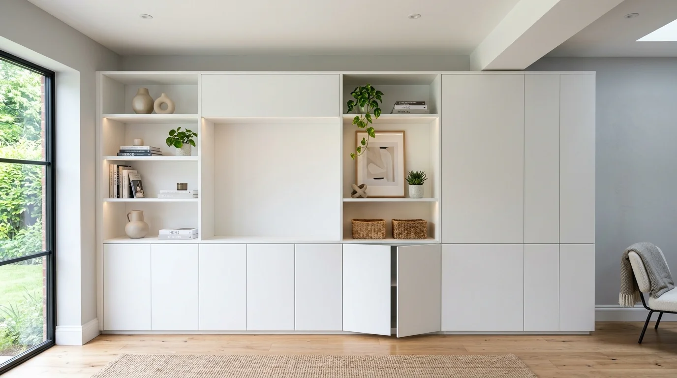Dining room with low built-in cabinet and art above for clean streamlined storage.