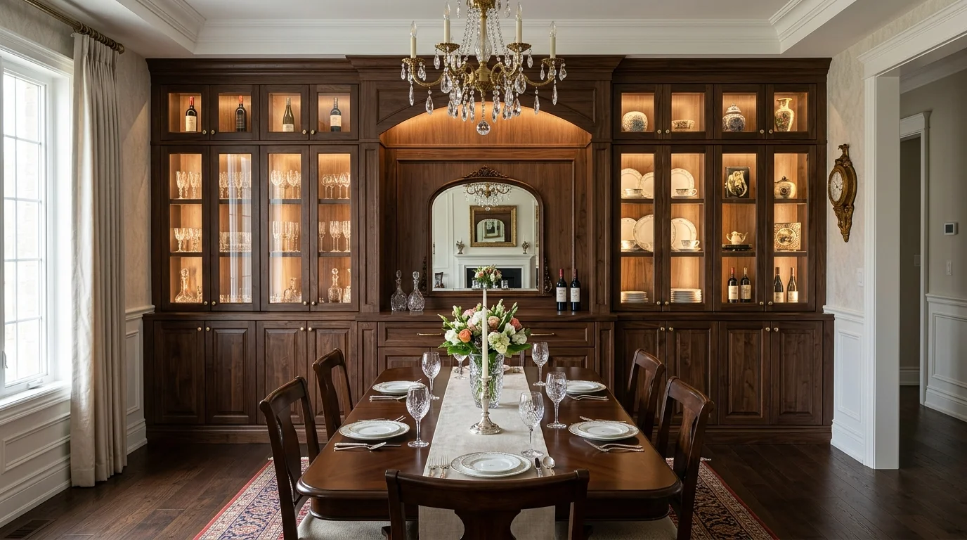 Dining room with full wall built-ins offering storage, display, and quiet structure.