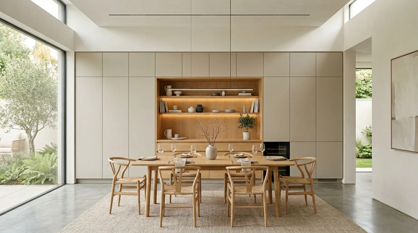 Built-in cabinets in white creating bright classic dining room organization.
