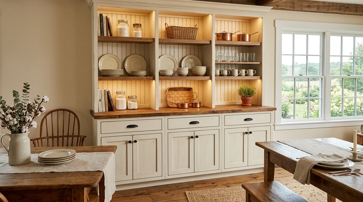 Dining room with darker cabinets and a rich tailored entertaining feel.