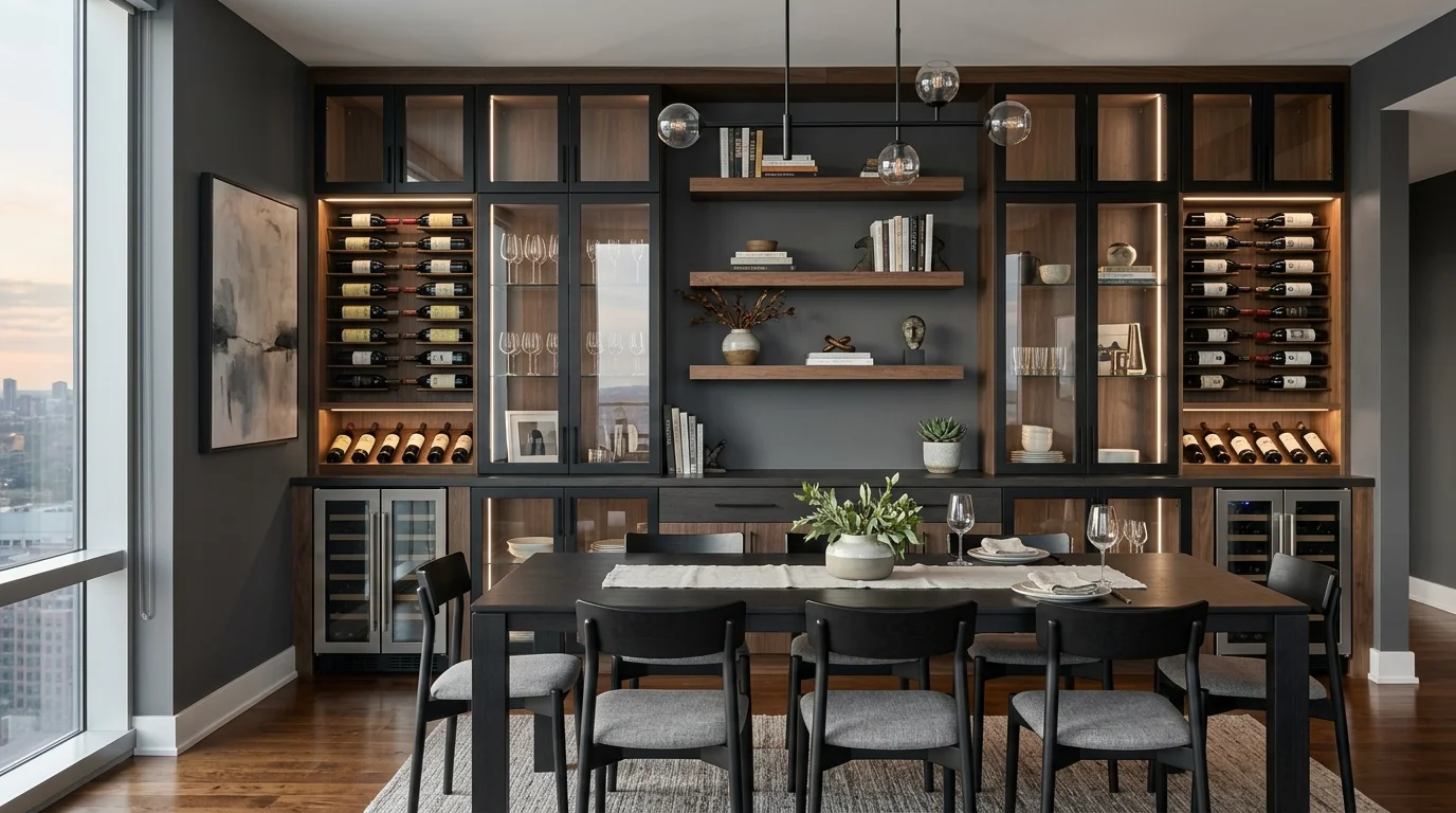 Dining room combining closed storage below with airy open shelves above.