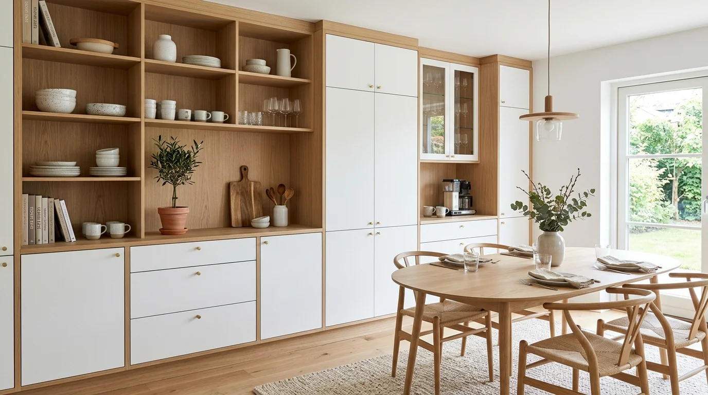 Dining room with warm built-ins, crockery display, and farmhouse practicality.