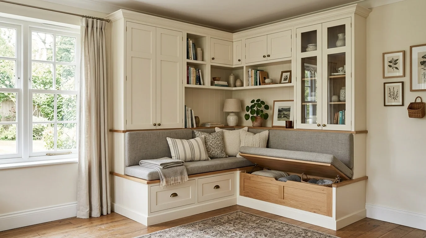 Dining room with sleek built-ins and understated architectural storage.