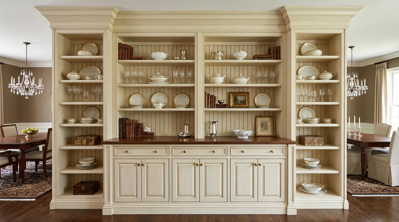 Built-ins with integrated lighting highlighting glassware and serving pieces.