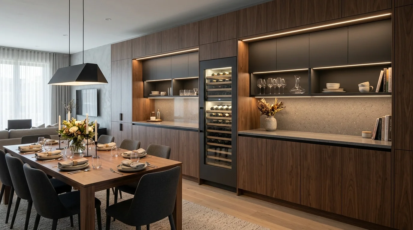 Dining room with oak cabinetry adding warmth and tailored functionality.