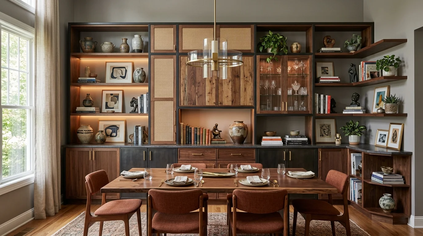 Balanced dining room with symmetrical built-ins framing the main entertaining wall.