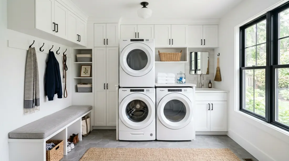 Modern mudroom laundry combo with stacked washer dryer, white cabinetry, folding counter, and hooks.