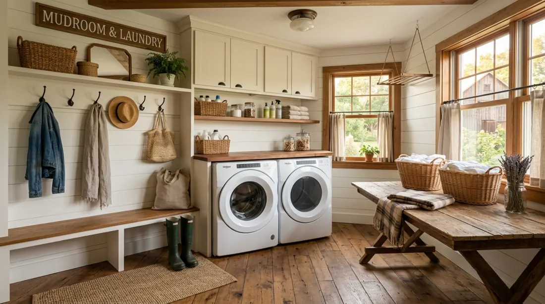 Farmhouse mudroom laundry room with shaker cabinets, wood folding table, and shiplap.