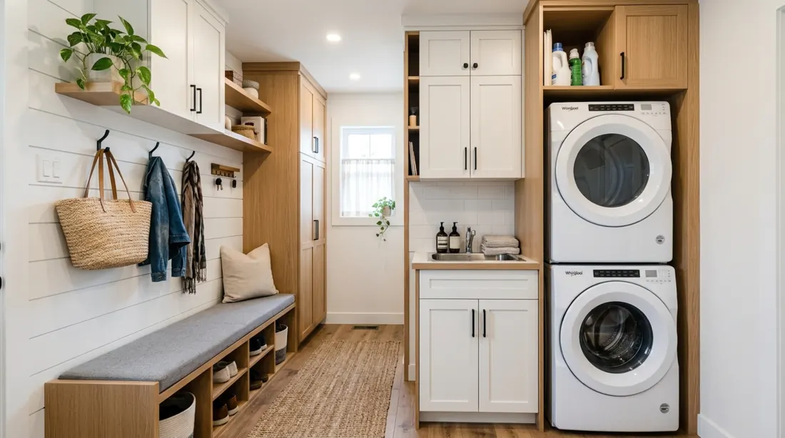 Compact mudroom laundry combo with vertical cabinets, slim bench, stacked appliances, and space-saving layout.