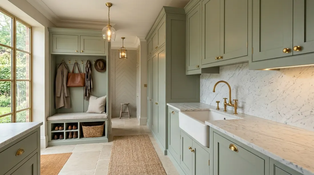 Luxury mudroom laundry with marble counters, brass fixtures, integrated cabinetry, and hidden appliances.