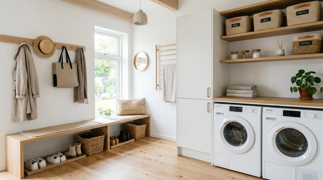 Scandinavian mudroom laundry with light wood, white walls, minimalist cabinets, and baskets.