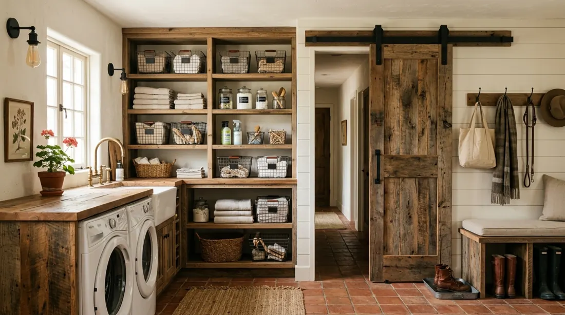 Rustic laundry mudroom with reclaimed shelves, metal baskets, barn door, and warm lighting.