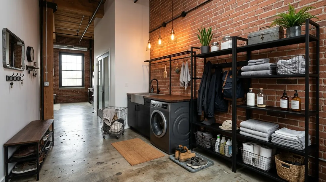 Industrial mudroom laundry with black shelving, brick wall, concrete floor, and washer dryer.