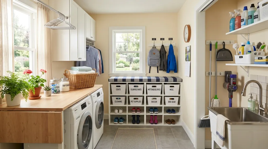 Family mudroom laundry with labeled bins, shoe cubbies, folding counter, and cleaning supplies.