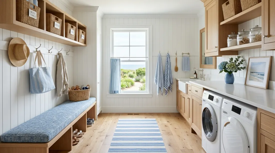 Coastal laundry mudroom with white beadboard, blue accents, wicker baskets, and wood cabinets.