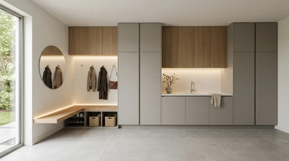 Minimal laundry mudroom with handleless cabinets, hidden appliances, floating bench, and LED lighting.