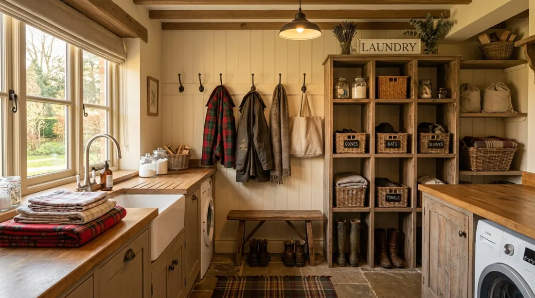 Farmhouse laundry mudroom with cubbies, plaid accents, wood counters, and coat hooks.